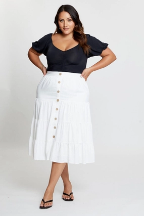 Weekend Style White Midi Skirt Mock Button