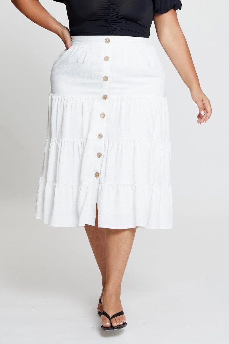 Soft Focus Drawstring closure White Midi Skirt Mock Button