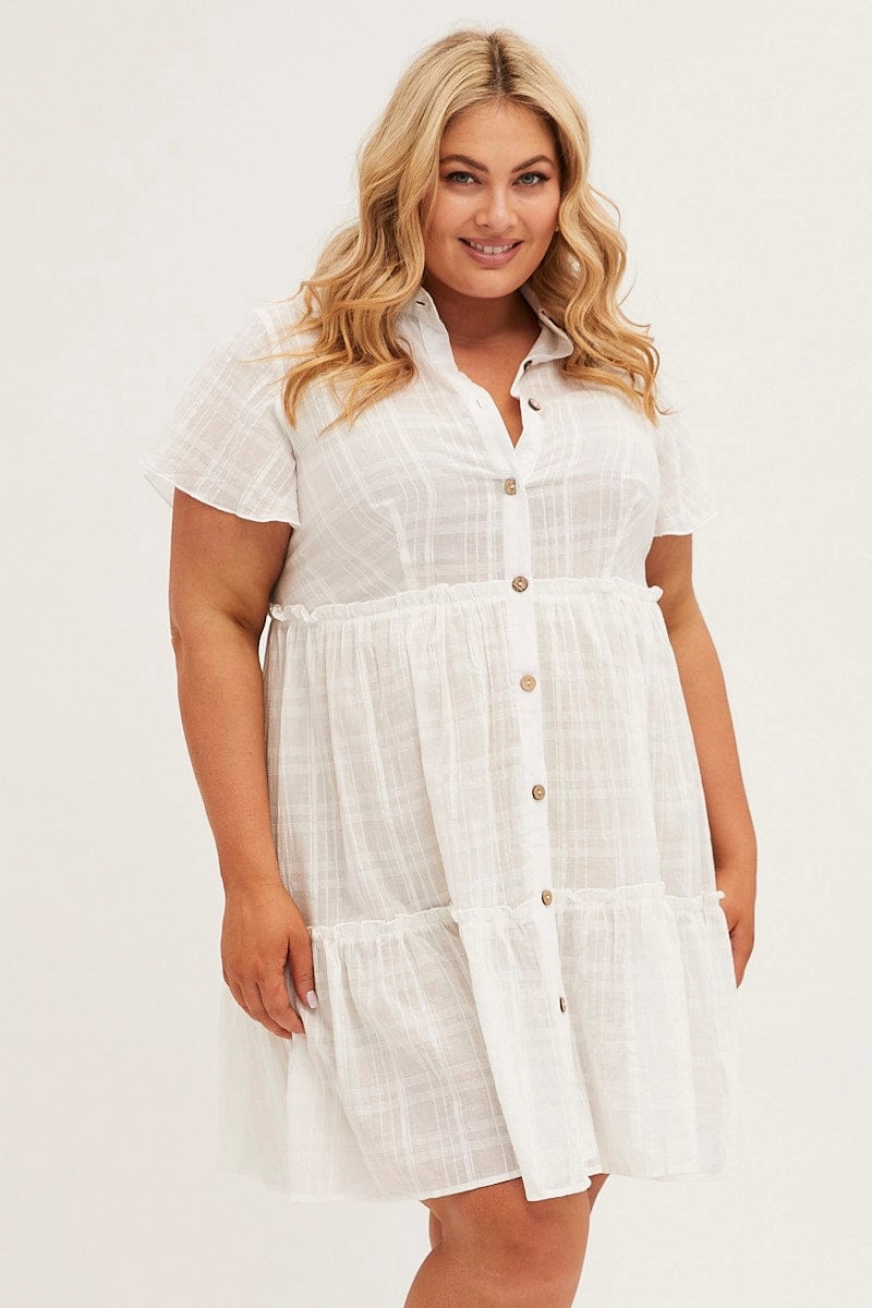 White Mini Dress Short Sleeve Button Front Textured Velvet-Sleeve Perfect Design