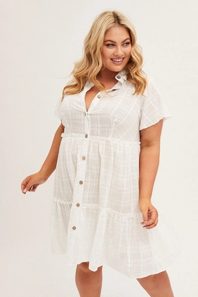 White Mini Dress Short Sleeve Button Front Textured Modern-style