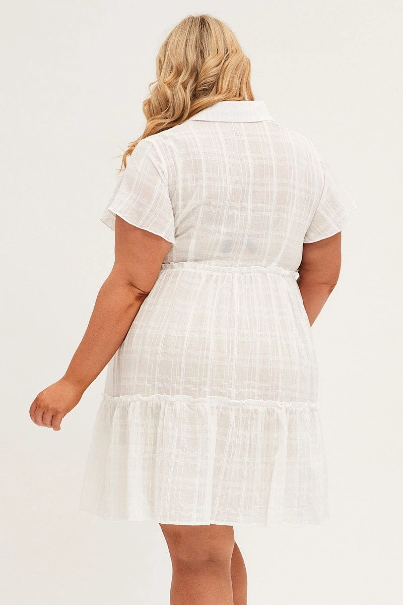 Cruise-Wear White Mini Dress Short Sleeve Button Front Textured