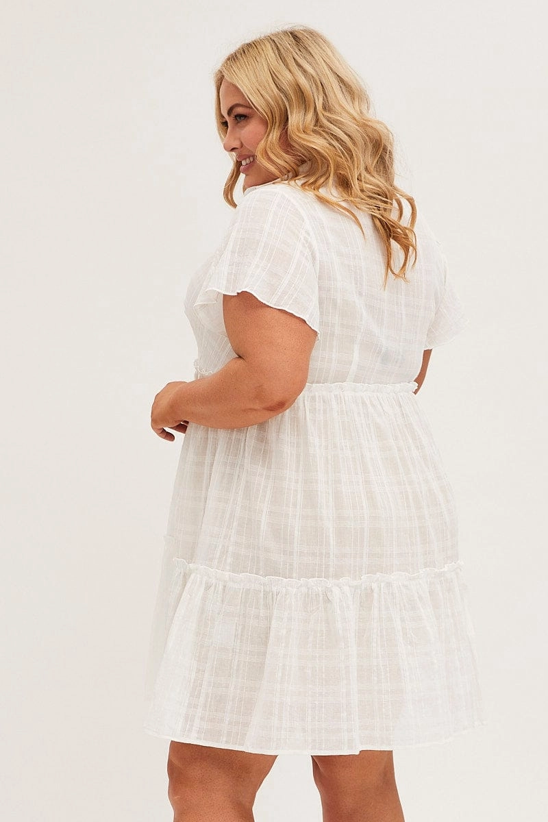 White Mini Dress Short Sleeve Button Front Textured Trendy Silhouette ReversibleStyle
