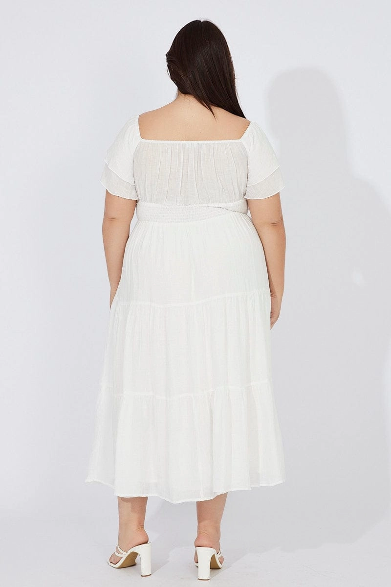 White Off Shoulder Layer Midi Dress Year Round