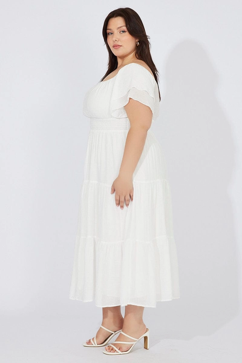 White Off Shoulder Layer Midi Dress Elegant Waist Fit