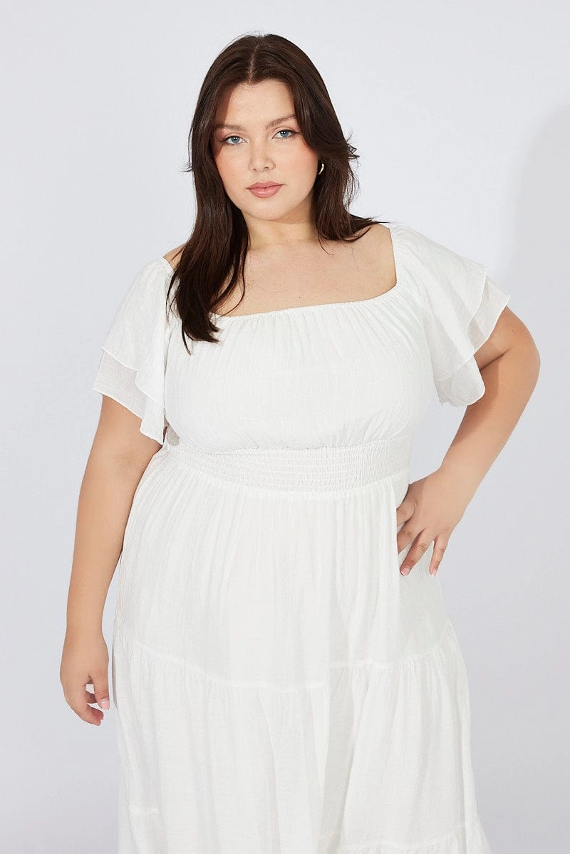 Romantic dinner wear White Off Shoulder Layer Midi Dress