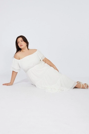 White Off Shoulder Layer Midi Dress Timeless Waistband Fit Calm Energy