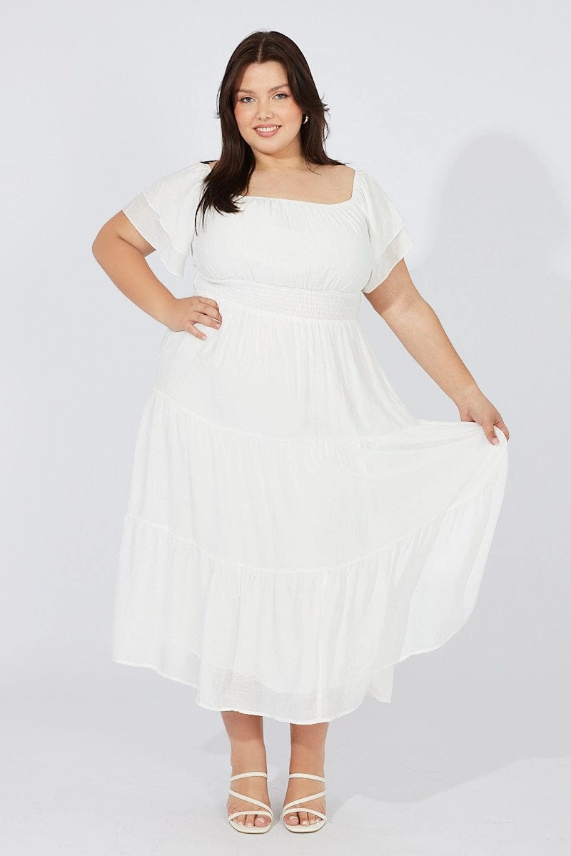White Off Shoulder Layer Midi Dress Timeless office dress LowProfileZipper