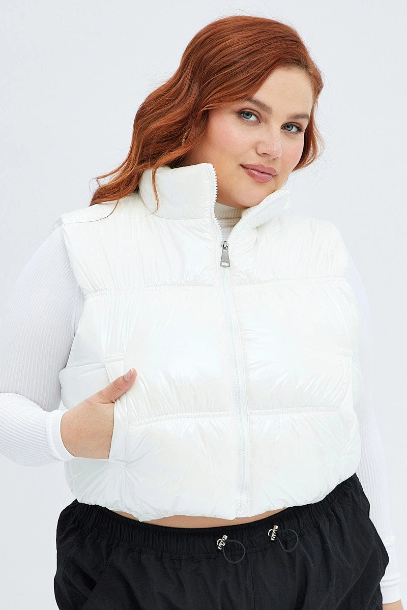 White Puffer Vest Sleeveless Shiny Crop Heavyweight Warmth