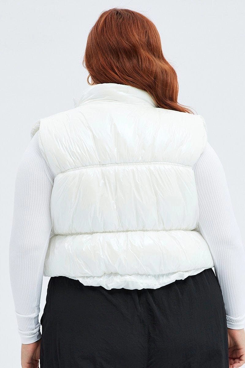 Stand Collar White Puffer Vest Sleeveless Shiny Crop