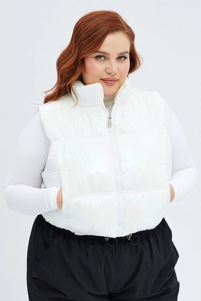 Lightweight Packability White Puffer Vest Sleeveless Shiny Crop