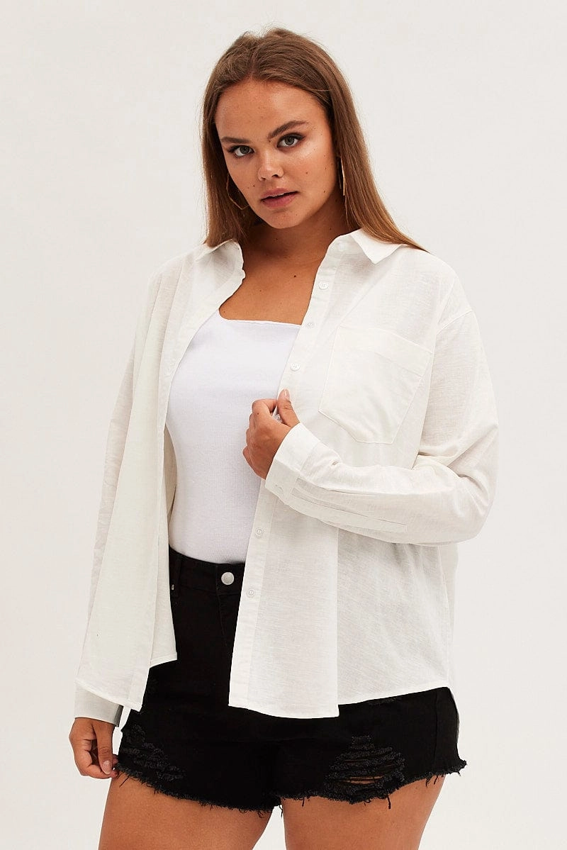 White Relaxed Shirt Long Sleeve Button Up Plus Size