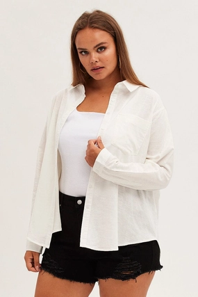 White Relaxed Shirt Long Sleeve Button Up Plus Size