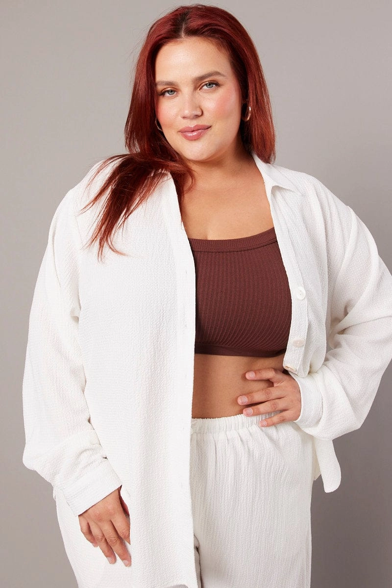 White Relaxed Shirt Long Sleeve Textured Matte Finish Year-Round Favorite