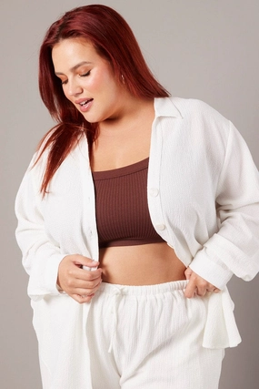 Minimalist Style White Relaxed Shirt Long Sleeve Textured