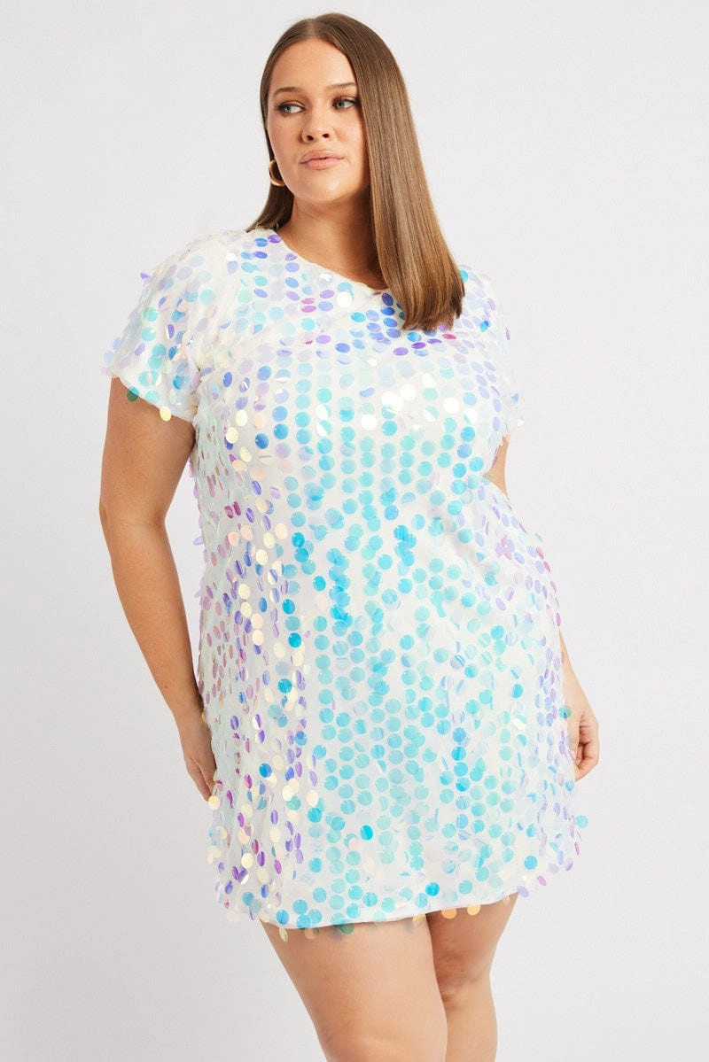 White Sequin Mini T-Shirt Dress Artistic Shape