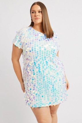 White Sequin Mini T-Shirt Dress Artistic Shape