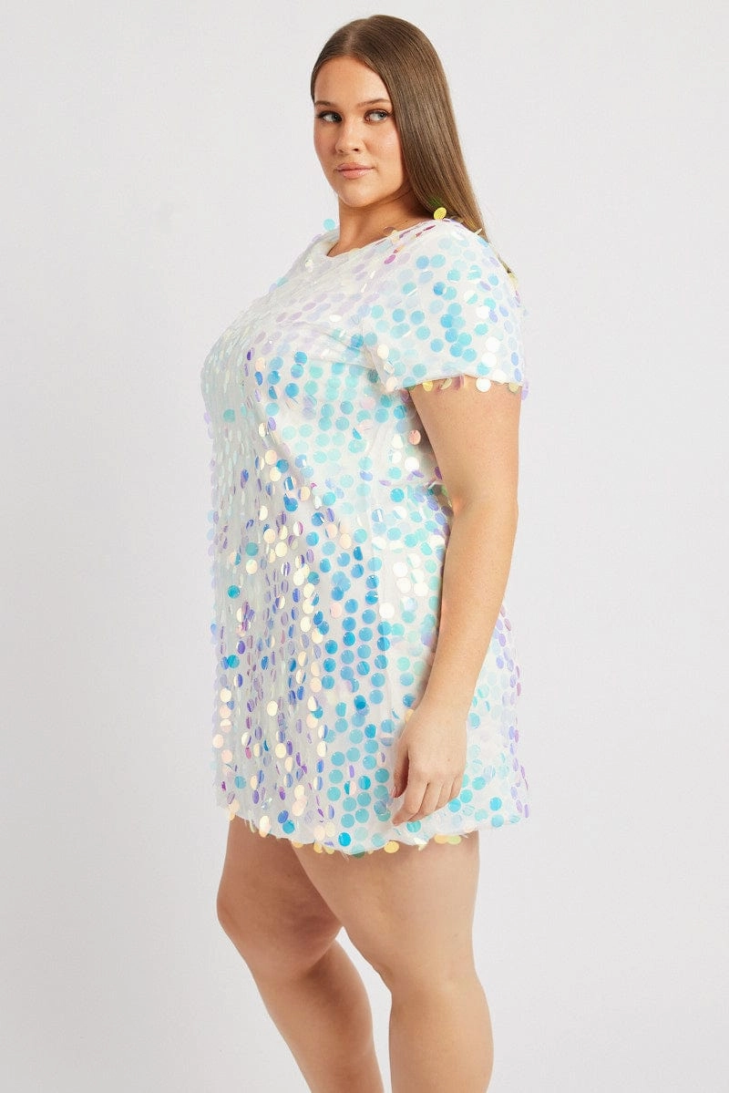 White Sequin Mini T-Shirt Dress Flare Breeze