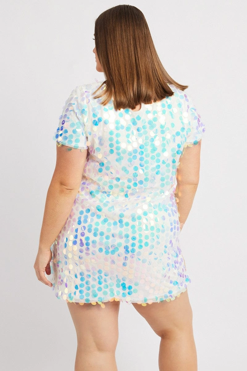 White Sequin Mini T-Shirt Dress Sage Detail Cool Season