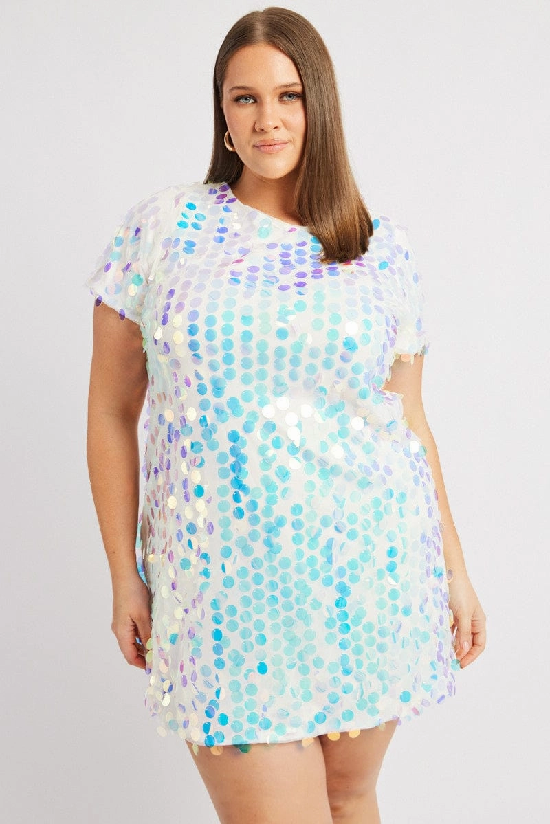 garden wedding Comfy Fit Wear White Sequin Mini T-Shirt Dress