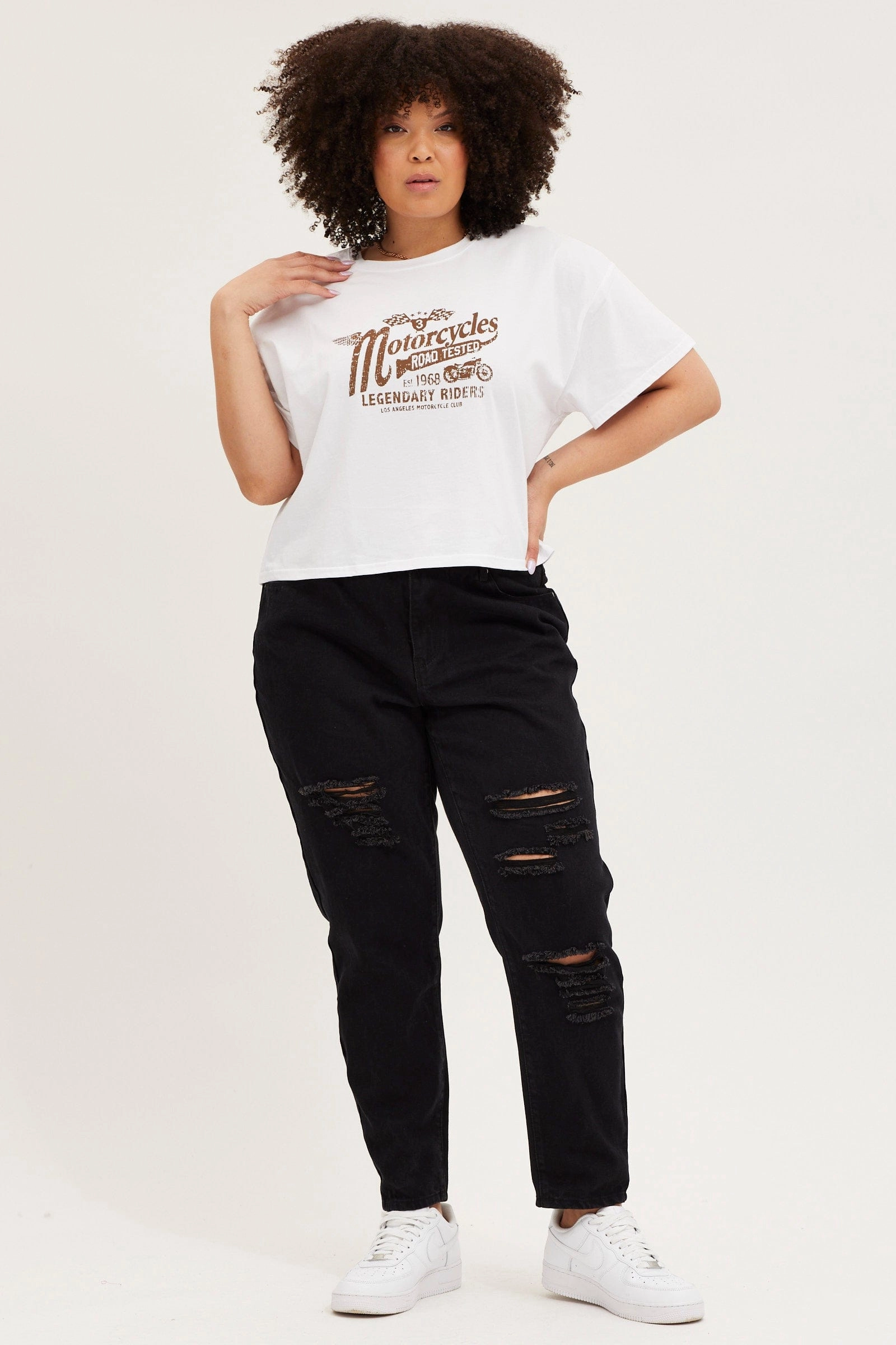 Light Comfort Versatile Fashion White Short Sleeve Motorcycle Semi Crop Printed T-shirt