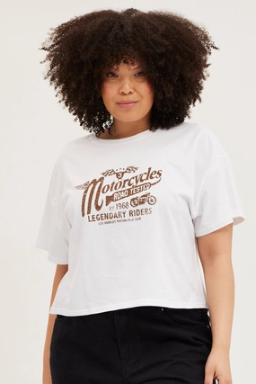 Weekend Smart White Short Sleeve Motorcycle Semi Crop Printed T-shirt