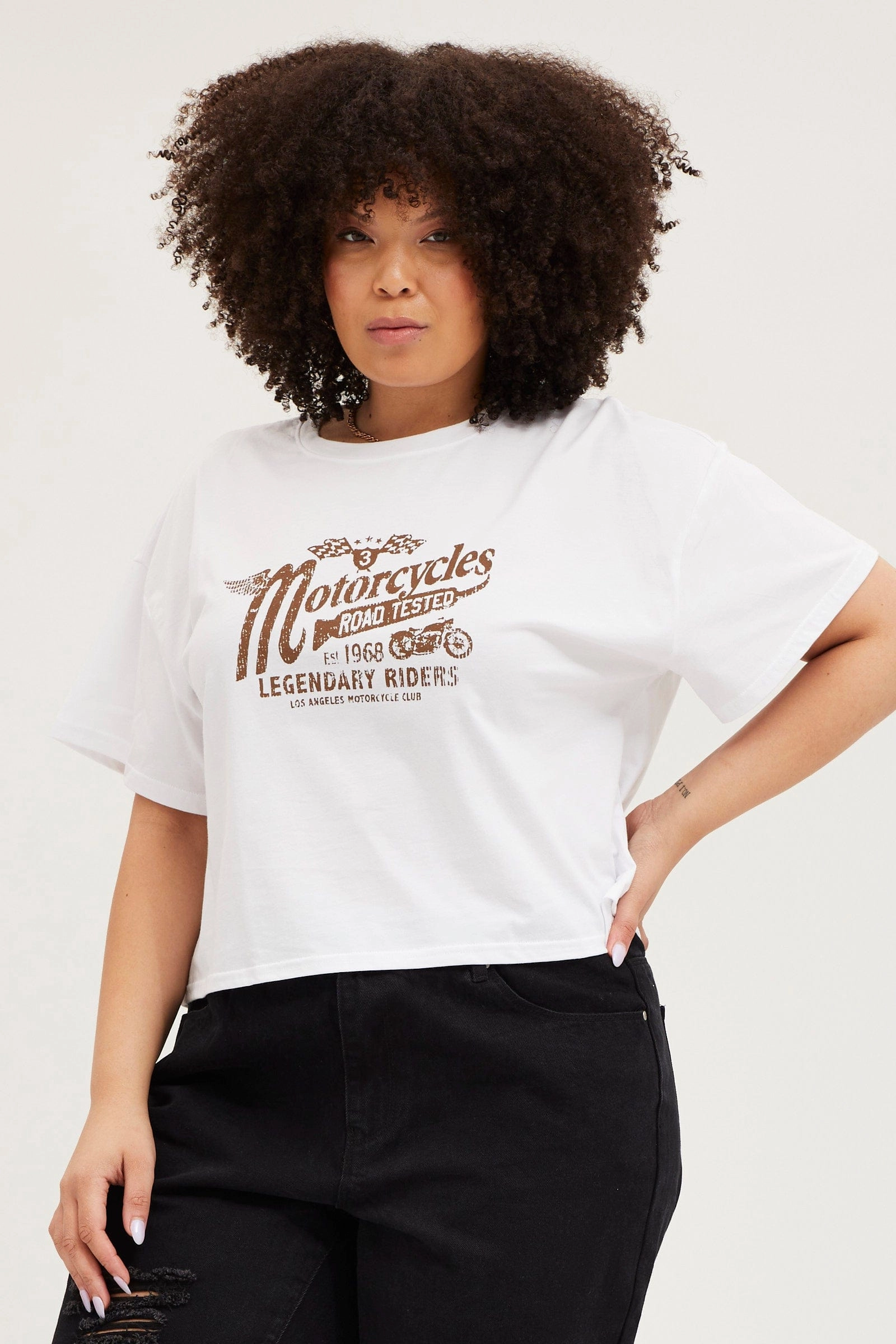 Simple Look White Short Sleeve Motorcycle Semi Crop Printed T-shirt
