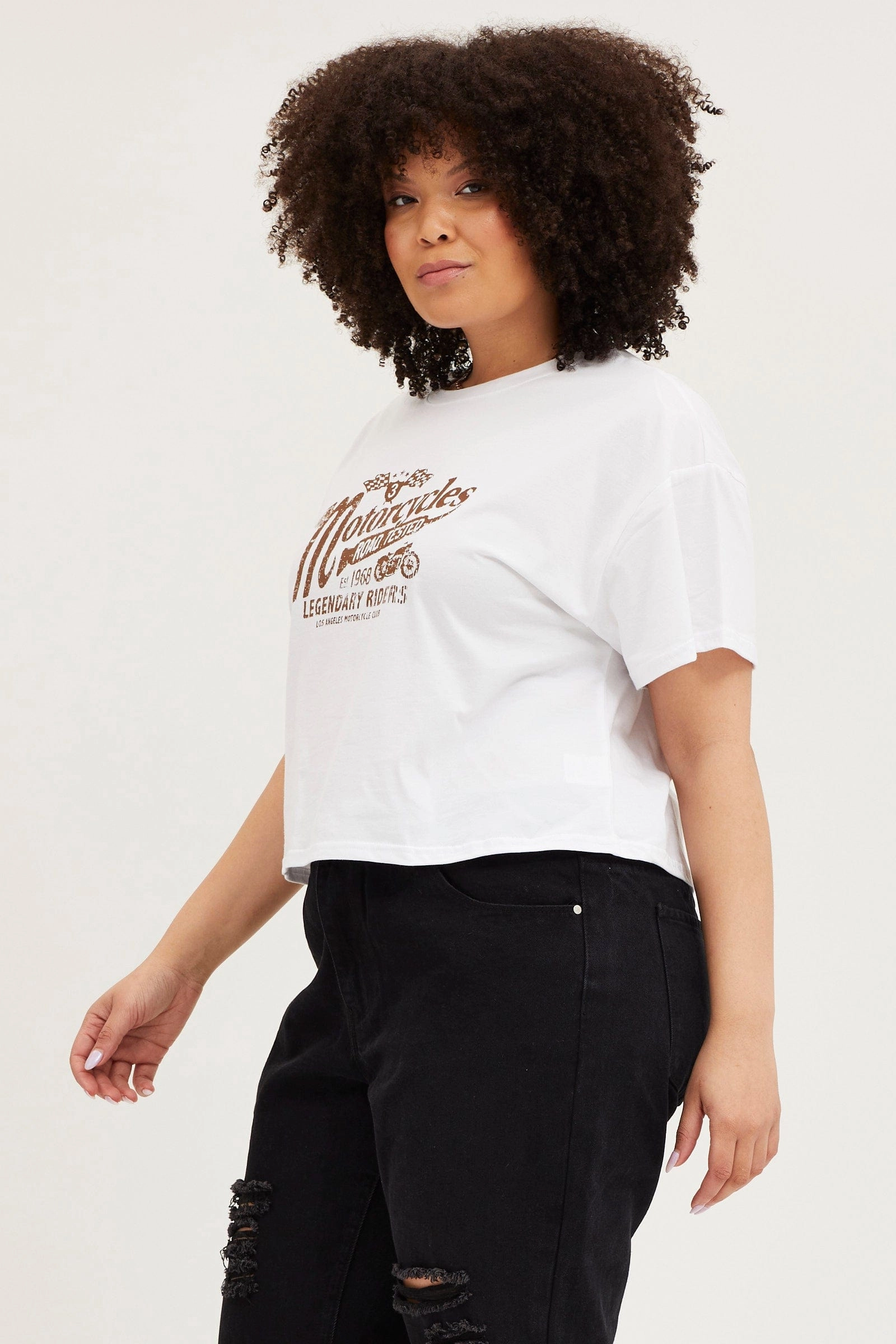 Casual Choice White Short Sleeve Motorcycle Semi Crop Printed T-shirt