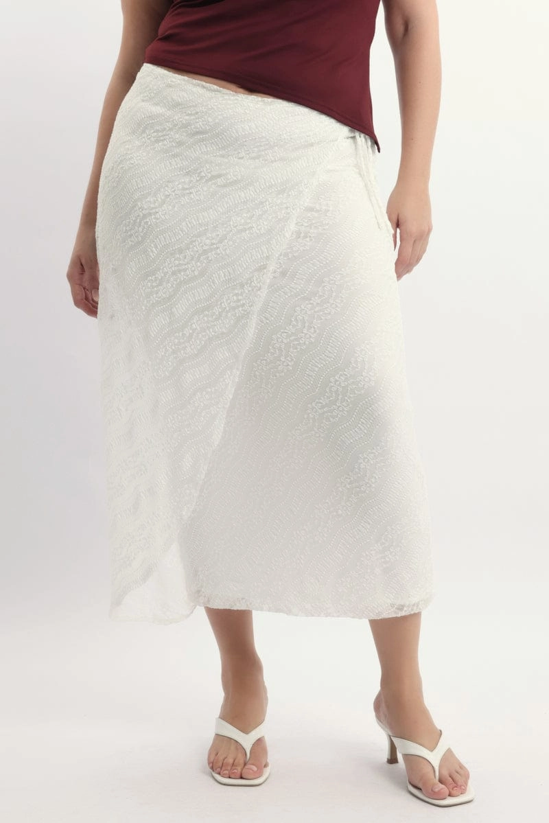 Laid Back Look White Stretch Lace Wrap Maxi Skirt