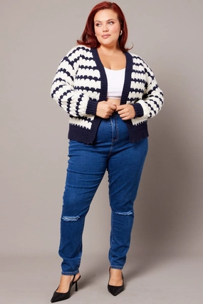 White Stripe Knit Cardigan Long Sleeve Textured ReversibleStyle ZipperClosure
