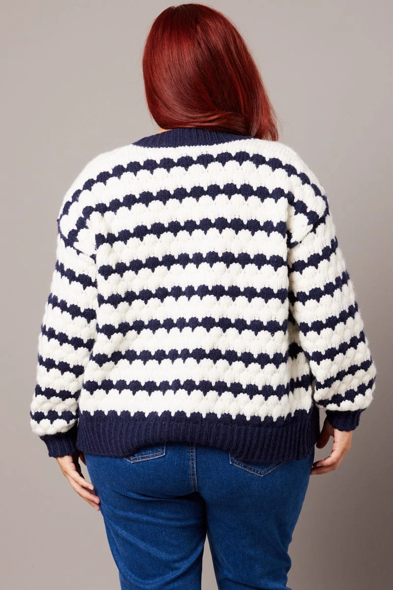 Ultra Lightweight Design White Stripe Knit Cardigan Long Sleeve Textured
