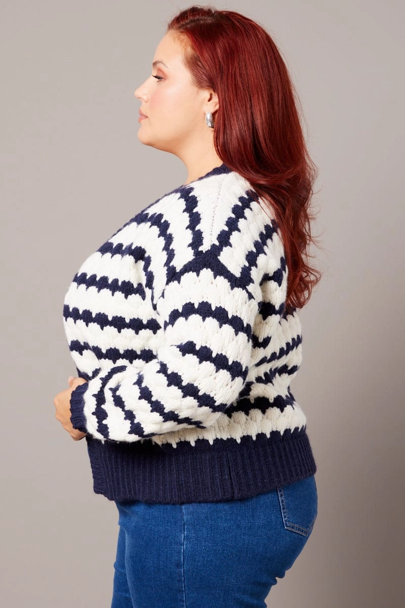 White Stripe Knit Cardigan Long Sleeve Textured Old Style Survival Use