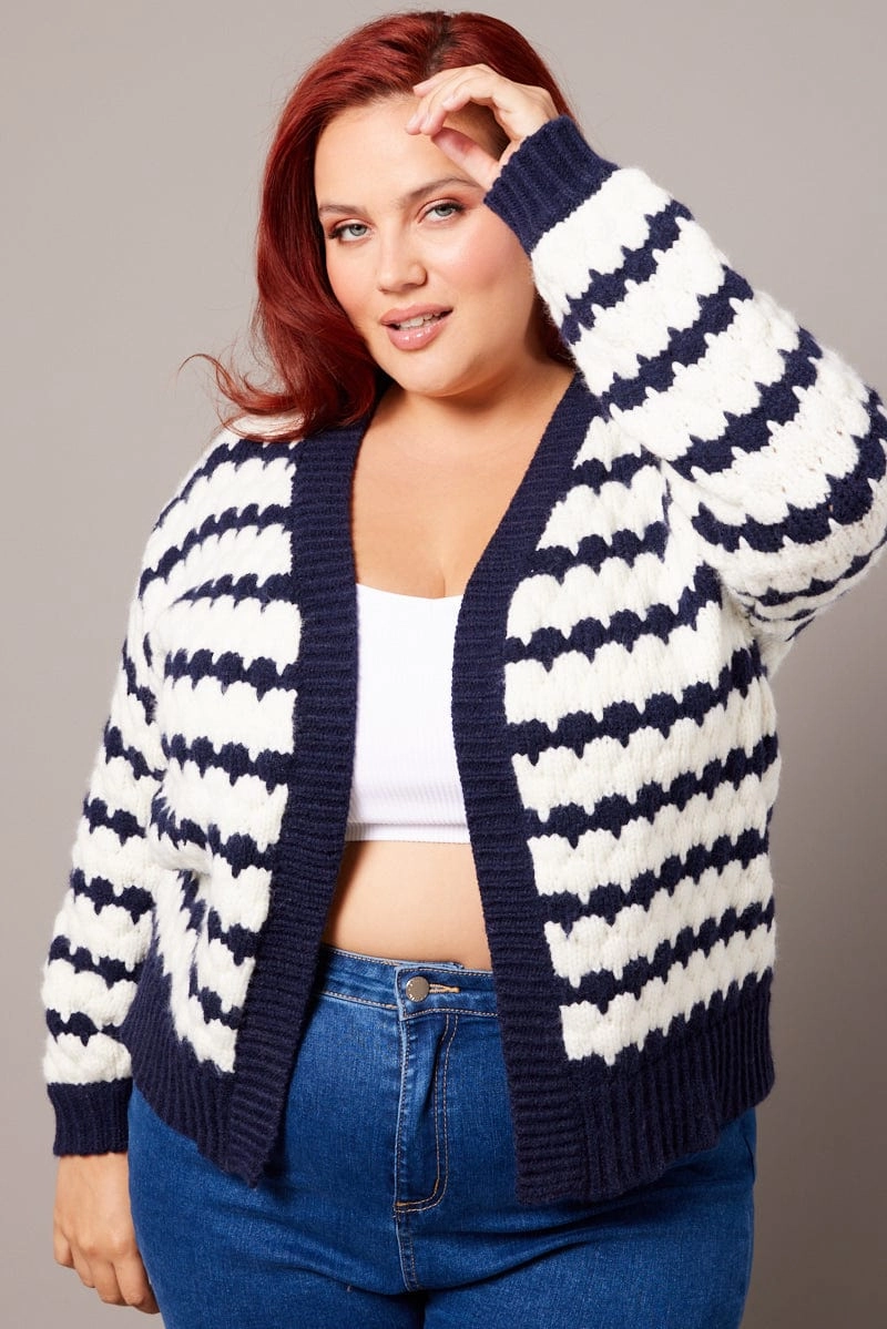Comfy Layers Weather Proof White Stripe Knit Cardigan Long Sleeve Textured