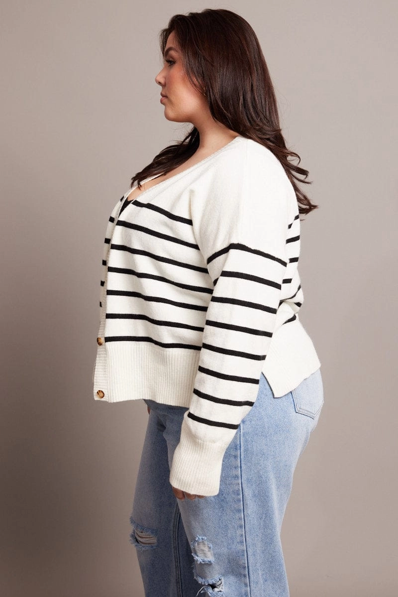 Heavyweight Fabric Cashmere Blend White Stripe Oversized Cardigan Long Sleeve V-neck Stripe