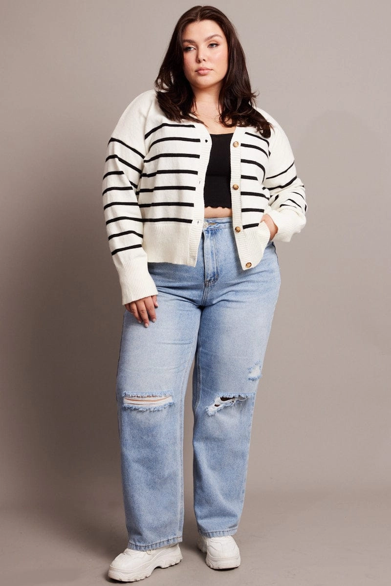 White Stripe Oversized Cardigan Long Sleeve V-neck Stripe Fit For Daily Flat Lock Stitching