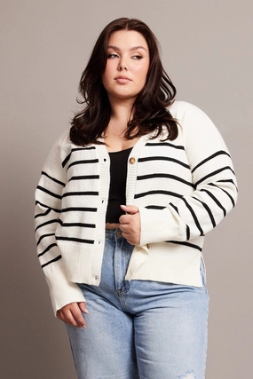 White Stripe Oversized Cardigan Long Sleeve V-neck Stripe Eco Nice Adjustable Cuff
