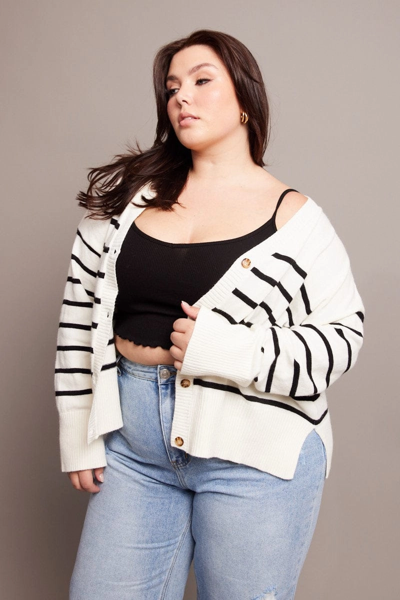 Heat Sealed Zippers No Collar White Stripe Oversized Cardigan Long Sleeve V-neck Stripe