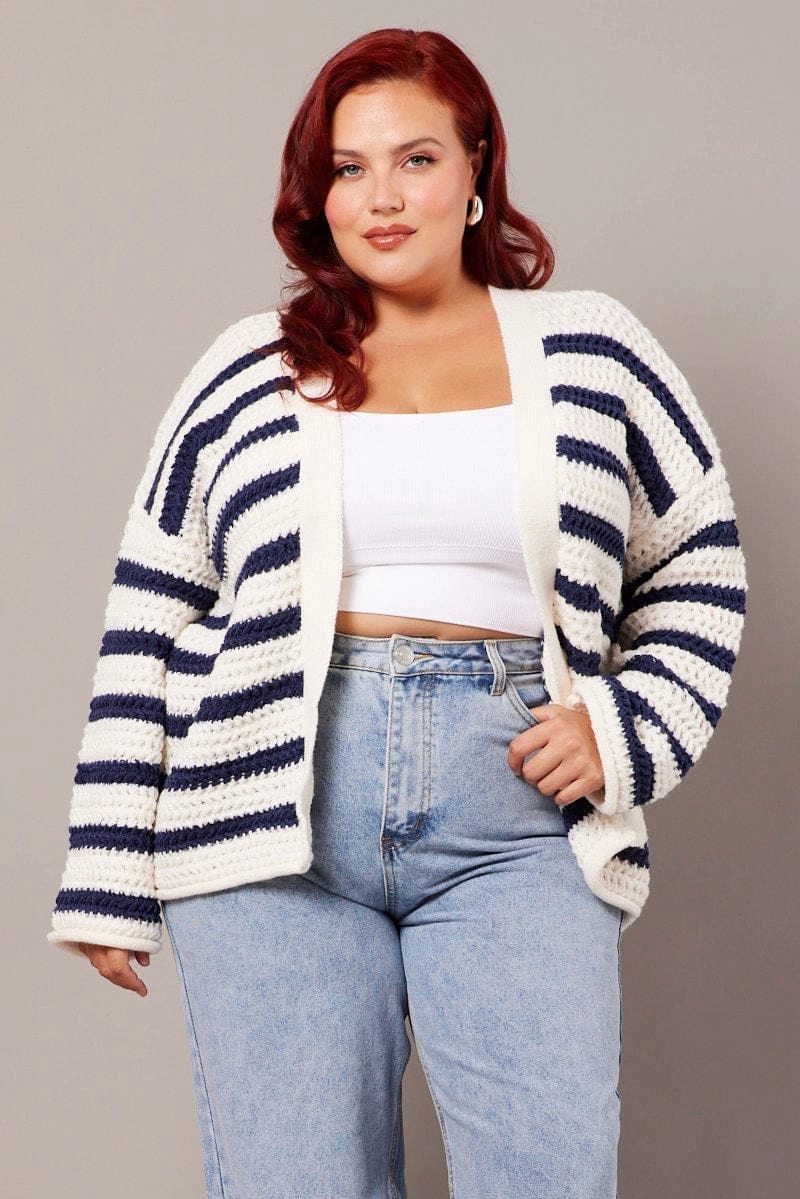 Magnetic Closures White Stripe Oversized Knit Cardigan Long Sleeve Longline
