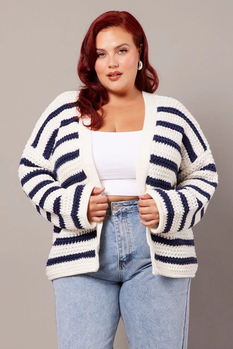 White Stripe Oversized Knit Cardigan Long Sleeve Longline Cold Days Ventilation Panels