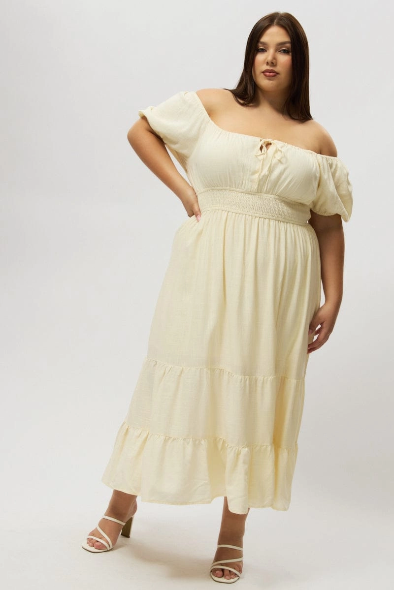 White Tiered Midi Dress Short Sleeve Ruched Bust Seamless Finish