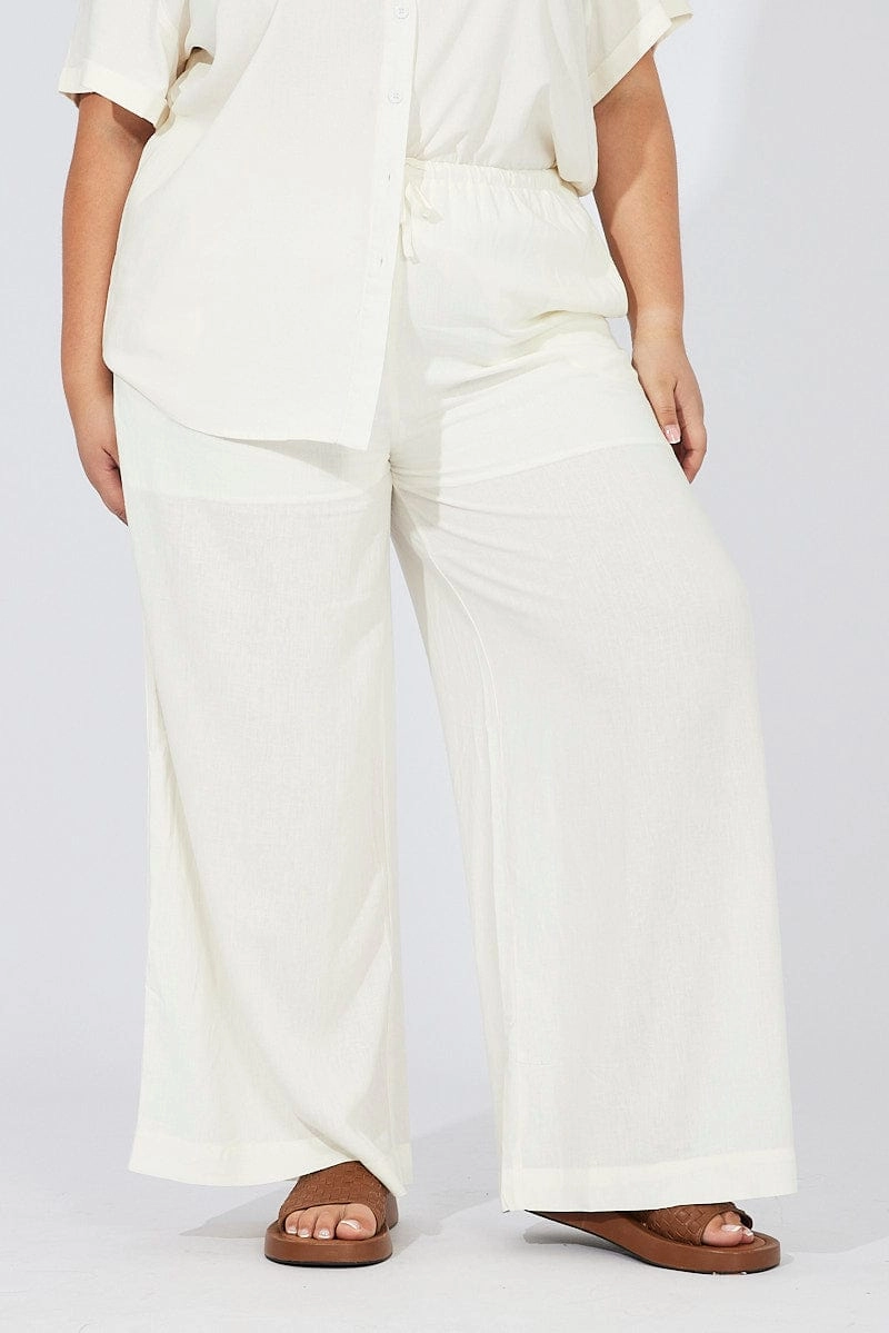 White Wide Leg Pants High Rise Air Flow Decorative stitching