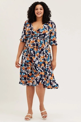 Floral Print Skater Dress V-neck Three-Quarter Sleeve Chic Motion Artistic Flair