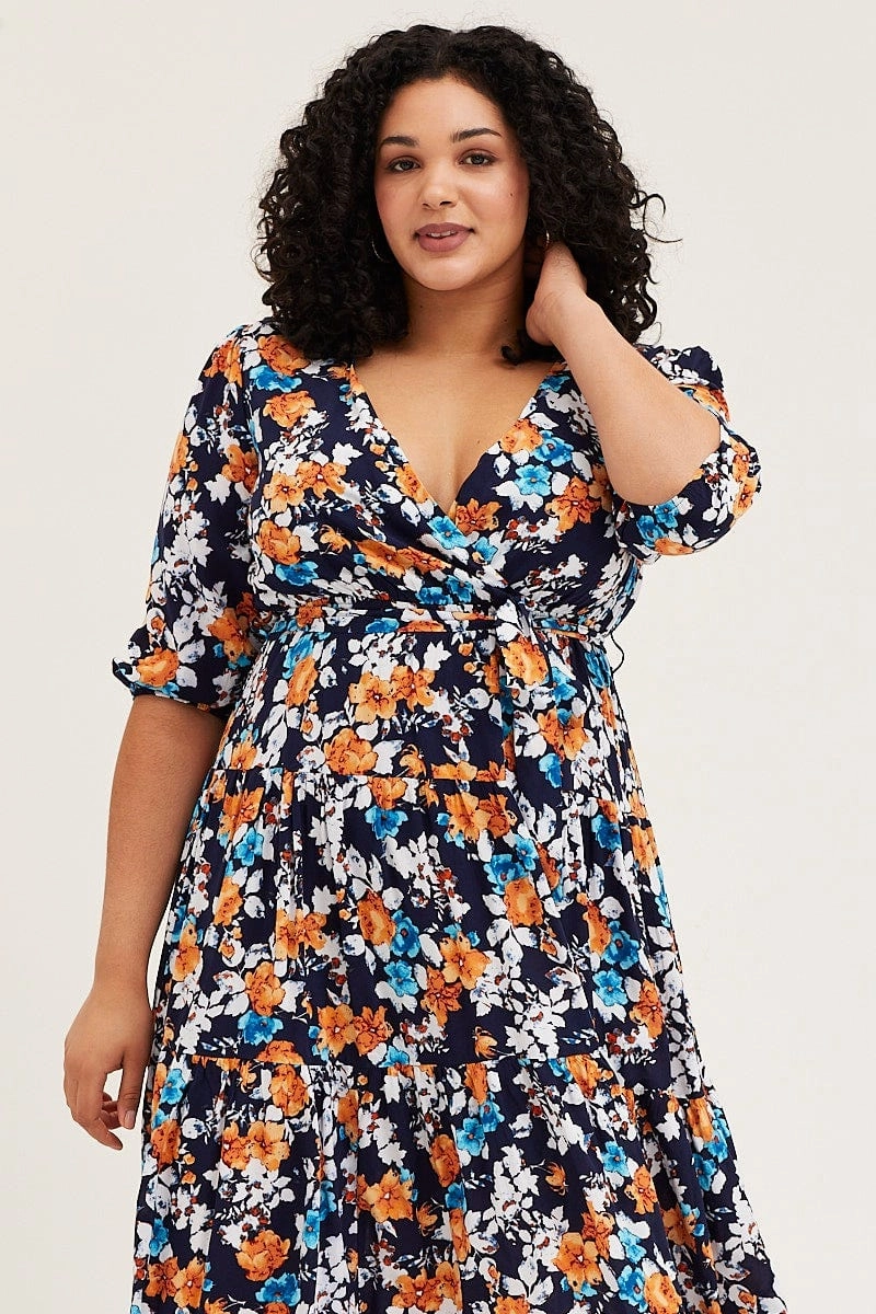 Natural Style Relax Tones Floral Print Skater Dress V-neck Three-Quarter Sleeve