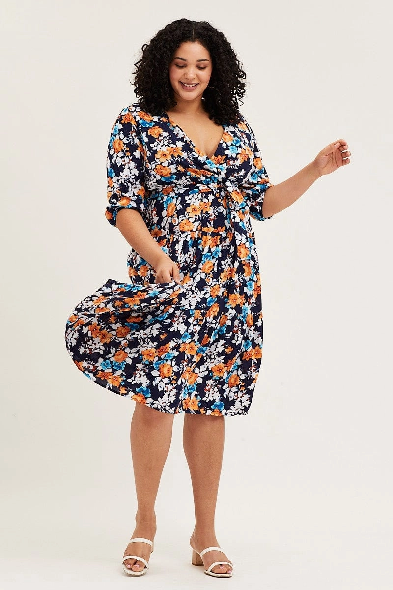 Floral Print Skater Dress V-neck Three-Quarter Sleeve Light Silhouette