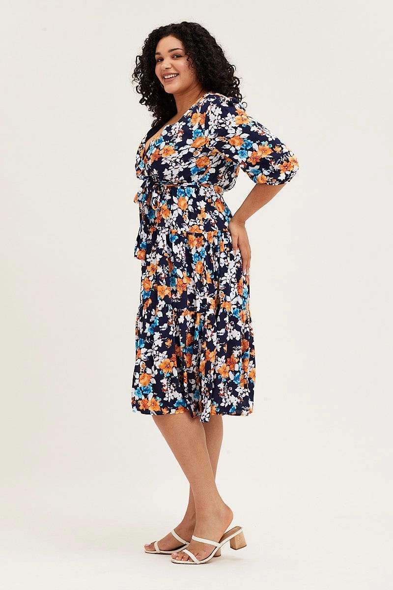 Casual Must-Have Glam Touch Floral Print Skater Dress V-neck Three-Quarter Sleeve