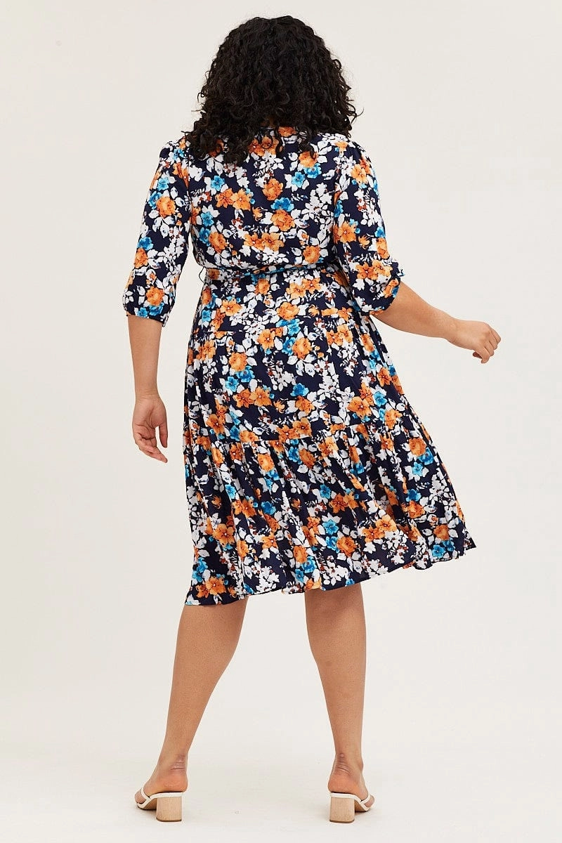 Pure Color Floral Print Skater Dress V-neck Three-Quarter Sleeve