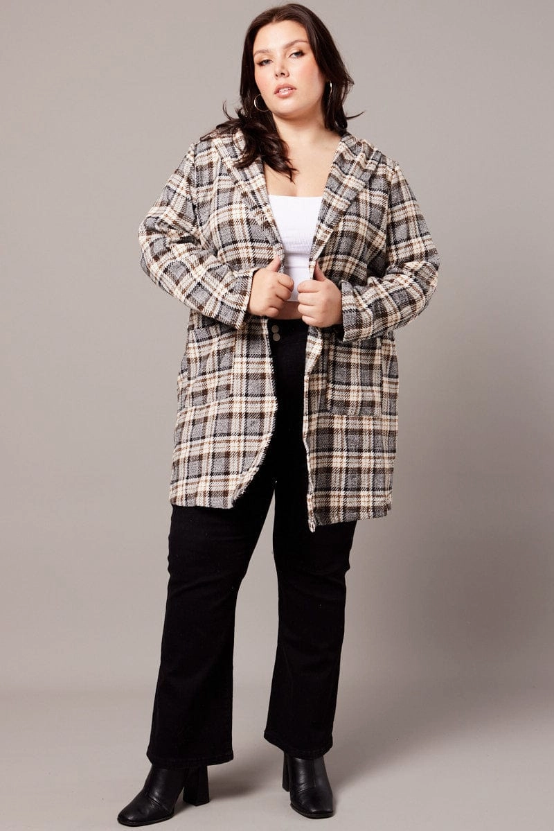 Brown Check Plaid Shacket Jacket With Hood Anytime Outer Fit