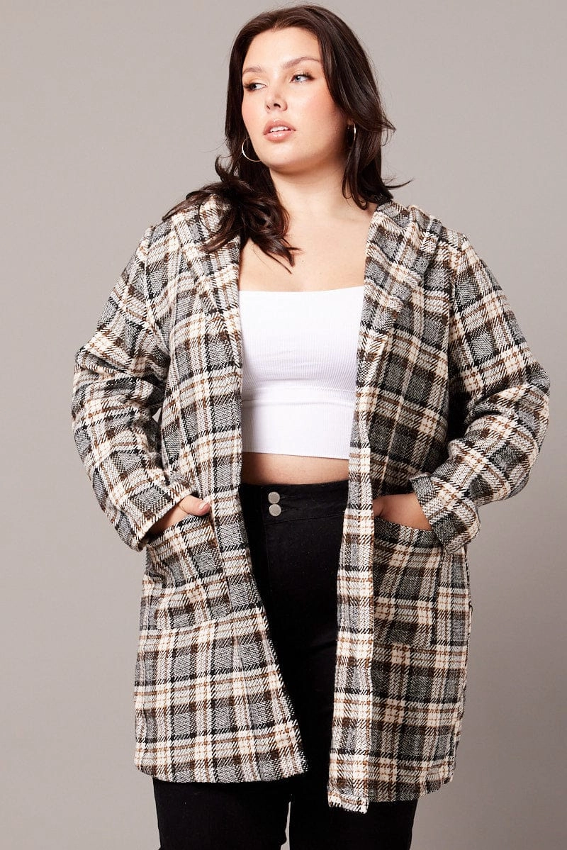 Pre Shrunk Cotton Blend Quick Dry Performance Brown Check Plaid Shacket Jacket With Hood