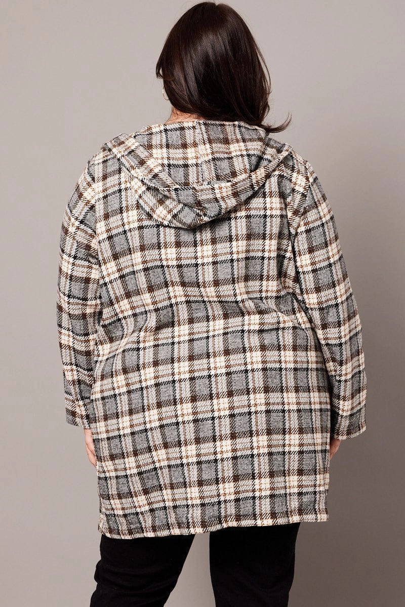 Hooded Comfort Fit Brown Check Plaid Shacket Jacket With Hood
