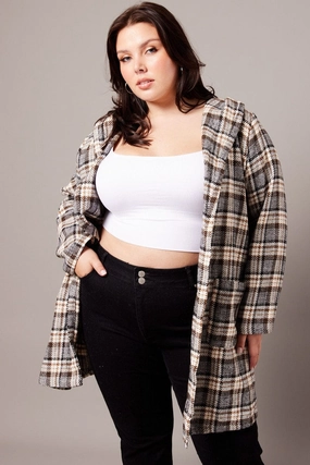 Brown Check Plaid Shacket Jacket With Hood Chill Look Adventure Day Look