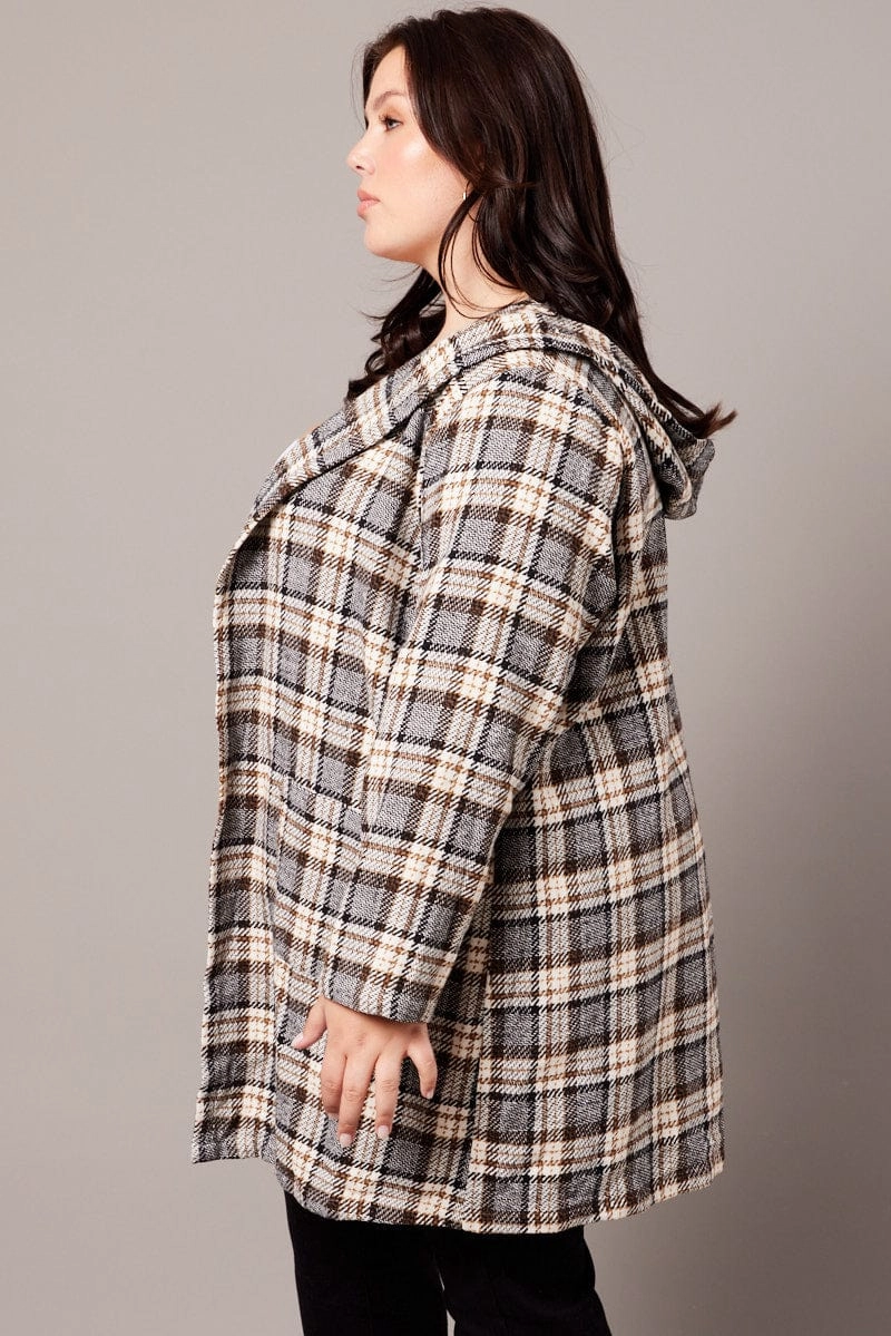 Brown Check Plaid Shacket Jacket With Hood MoistureWickingLining